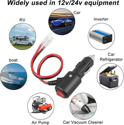 Vista 4 de Enchufe de encendedor de cigarrillos con interruptor Cable de extensión 12-24V enchufe universal con cable de 30 cm 15A para conexión