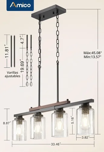 Vista 5 de Amico Lámpara de Comedor de 4 Luces para Isla de Cocina con Varillas Ajustables, Candelabro de Decoración Rústica de Metal Negro y Madera