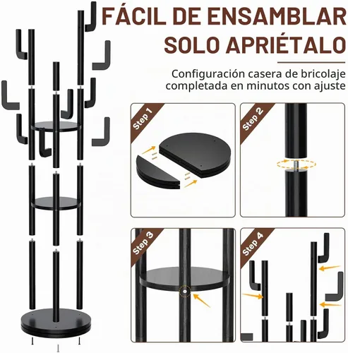 Vista 7 de Yoobure Perchero Giratorio Independiente – Árbol de Abrigos de Madera Maciza con 9 Ganchos y 3 Estantes de Almacenamiento para Cartera, Bolsa
