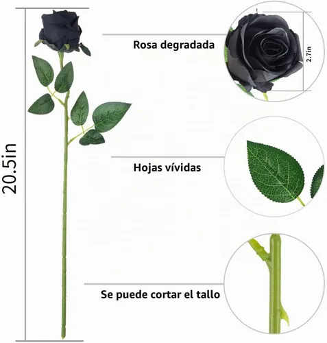Vista 2 de 10 rosas artificiales de tallo largo, rosas de seda falsas para bricolaje, ramo de boda, mesa, centro de mesa, decoración del hogar (negro)