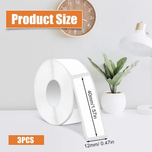 Vista 2 de 3 rollos de cintas adhesivas para Phomemo D30, 0.472 in x 1.575 in, color blanco, autoadhesivas, papel térmico para suministros de oficina y hogar