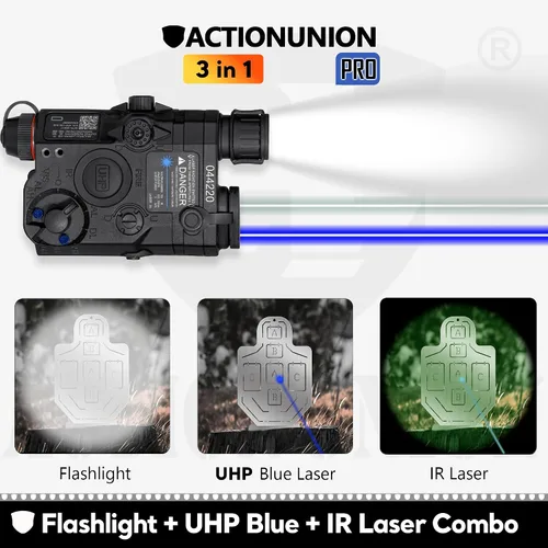 Vista 3 de Airsoft PEQ-15S Pro UHP láser azul visible + láser IR + linterna LED blanca PRO - UHP blue laser, ir laser, and flashlight, with pressure switch