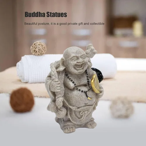 Vista 3 de Cyrank Estatua de Buda riendo, 3.1 pulgadas de resina de Buda feliz estatua de risa Feng Shui Buda escultura decoración para escritorio en casa