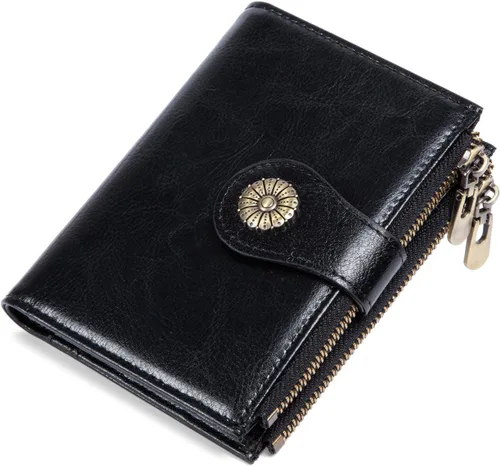 Vista 9 de Cartera pequeña para mujer, con bloqueo RFID, de piel suave, plegable, compacta, tarjetero para mujer, con bolsillo con cremallera, color negro