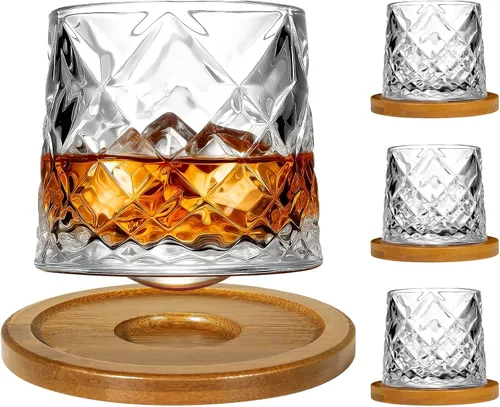Vista 19 de Vaso de vidrio antiguo giratorio, 275ml/10oz Juego de vasos de whisky de cristal de 2 piezas, posavasos de madera, engrosamiento, utilizado como