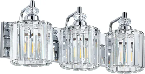 Vista 9 de Accesorio de Iluminación de Baño Moderno de 3 Luces Cromado Luces de Tocador de Baño Sobre Espejo Aplique de Pared con Pantallas de Cristal K9 Base