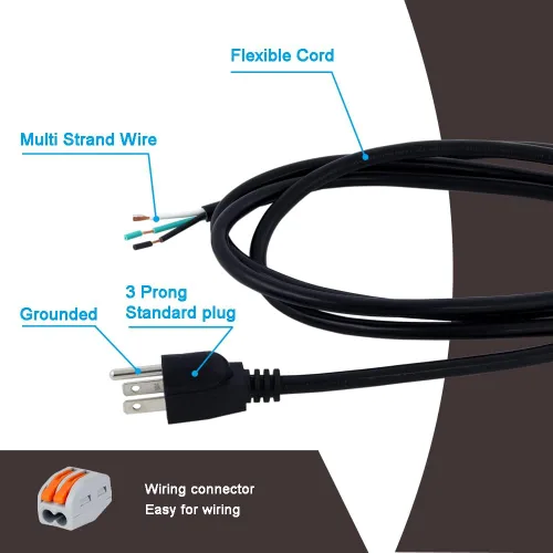 Vista 4 de Cable de alimentación de 12 pies 18 AWG Pigtail de 3 clavijas de extremo abierto de cableado SJT Cable de alimentación de repuesto resistente NEMA