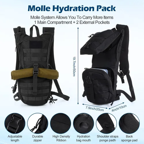 Vista 3 de Liliful Mochila táctica de hidratación con vejiga de agua de TPU de 3 l, mochila táctica Molle para agua, paquete de hidratación para hombres