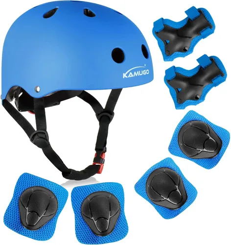 Vista 12 de KAMUGO - Casco de bicicleta para niños, casco para niños pequeños de 2 a 8 años, para niños y niñas, con equipo de protección deportiva, rodilleras