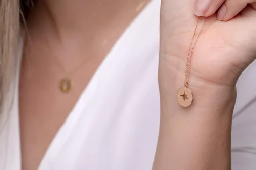 Vista 4 de Round Compass Necklace for Women, Dainty Compass Disc Necklace in Solid Gold 9K,14K, &18K, Perforated Compass Necklace Open Compass