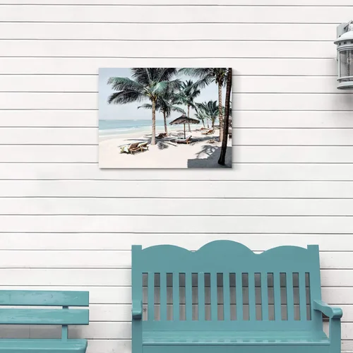 Vista 2 de Lienzo decorativo para pared, diseño de palmeras en la playa con temática de paisaje marino tropical moderno, impresión fotográfica sobre lienzo