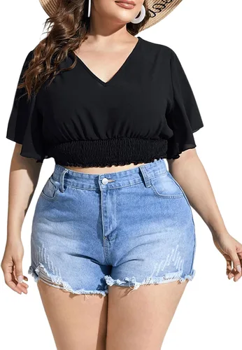 Vista 3 de SOLY HUX Women's Plus Size V Neck Butterfly Short Sleeve Shirred Crop Top Blouse
