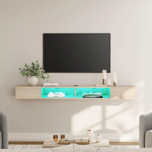 Vista 8 de WAMPAT Centro de entretenimiento flotante para TV de 80 pulgadas, soporte de TV montado en la pared con luz LED, estante de TV flotante debajo