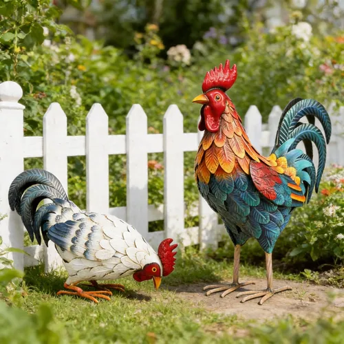 Vista 3 de Shorayn Estatuas de gallo de metal, decoración de pollo de metal para jardín al aire libre, esculturas de jardín, adornos de pollo, arte de patio
