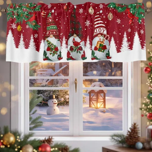 Vista 11 de Cenefa de muñeco de nieve de Navidad para ventanas de cocina, cenefas de invierno con bolsillo para barra, cortinas cortas, copos de nieve, bayas