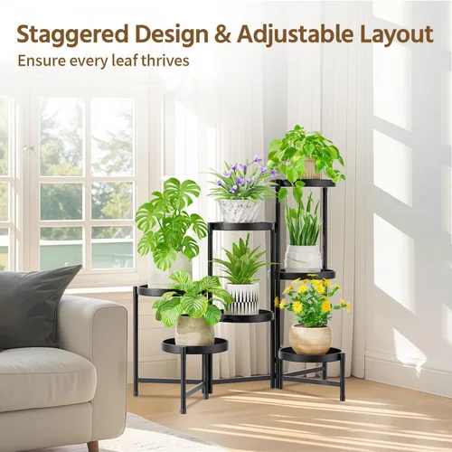 Vista 8 de LASZOLA Soporte plegable para plantas de interior de 7 niveles para múltiples macetas grandes, estante ajustable alto y resistente con bandeja de 10