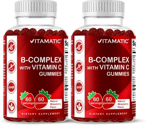 Vista 11 de Gomitas de complejo de vitamina B Vitamatic con vitamina C e inositol - Sabor natural a fresa - 60 gomitas (1 botella)