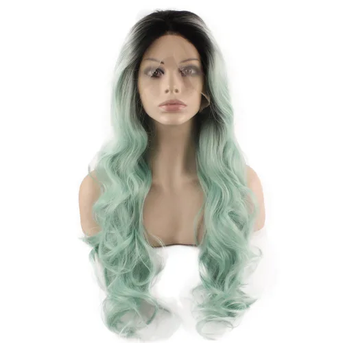 Vista 8 de Mxangel Peluca larga ondulada con encaje frontal sintético negro verde degradado para fiesta de cosplay