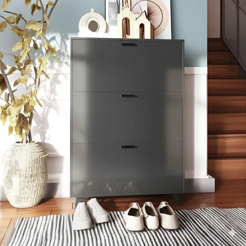 Vista 4 de Anystyle Armario de almacenamiento de zapatos negros para zapatos grandes, organizador de puertas abatibles ajustable de 3 niveles, gabinete