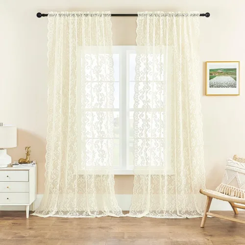 Vista 20 de Cortinas de encaje floral victoriano transparentes - 45 pulgadas de largo, 2 paneles, bolsillo para barra de cocina estilo cafetería, filtro de luz
