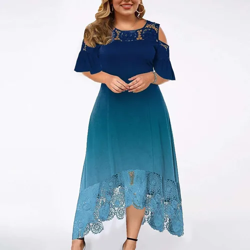 Vista 2 de Vestido casual de encaje con cuello redondo y degradado para mujer, talla grande, manga corta, costuras de encaje irregulares, vestidos largos