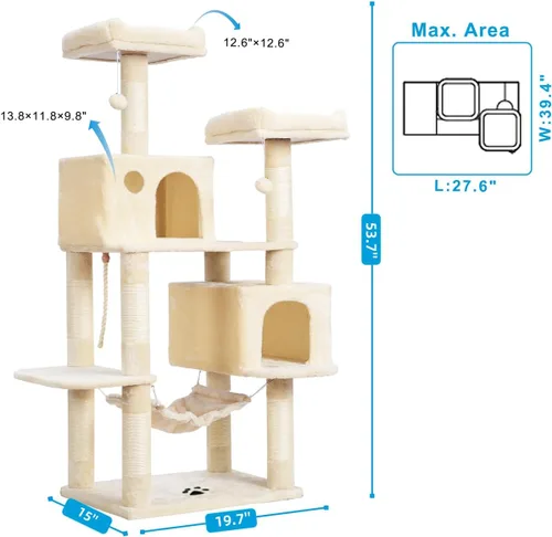 Vista 3 de Hey-brother - Mueble grande de casita de gato multinivel con postes rascadores cubiertos de sisal, 2 condominios de felpa más grandes, hamaca Beige