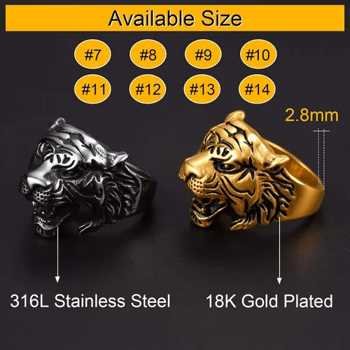 Vista 2 de ChainsPro - Impresionantes anillos de cabeza de tigre para hombre, espíritu animal, bonita mano de obra, tallas 7 a 14, de acero inoxidable 316L