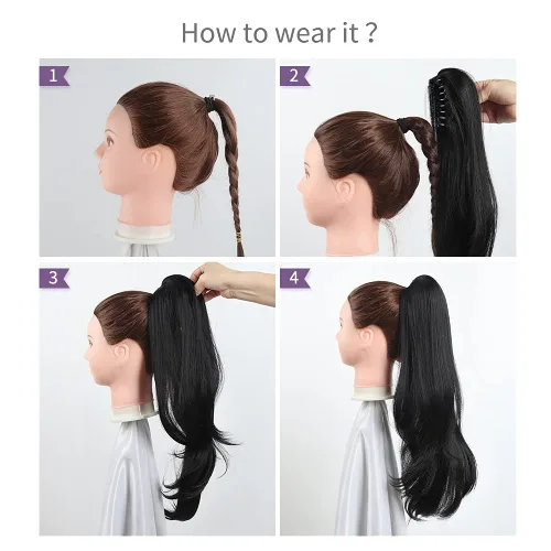 Vista 7 de Extensión de cola de caballo, 2 piezas, extensiones de cola de caballo negras de 22 pulgadas, extensiones de cabello sintético con clip de cola
