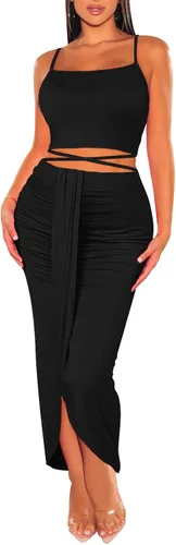 Vista 3 de Conjunto sexy de pollera larga de dos piezas, con división, sin mangas, algodón, para mujer