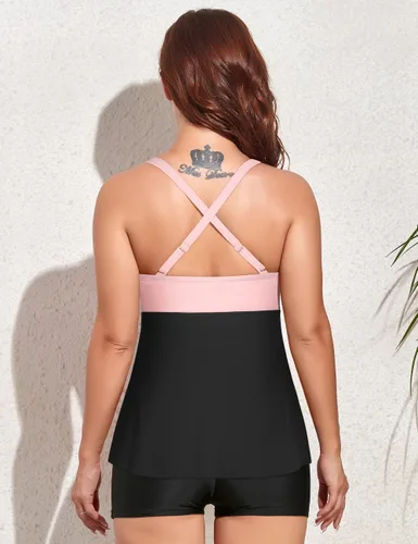 Vista 5 de Hilor Traje de baño tankini con aros para mujer, con cuello en V torcido, para busto grande, acampanado