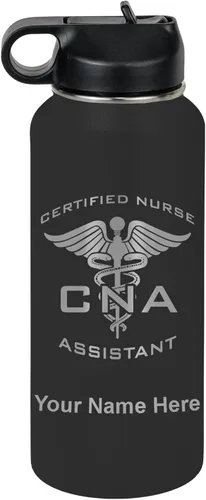 Vista 75 de LaserGram Botella de agua personalizada, asistente de enfermería certificada por la CNA, acero inoxidable de doble pared aislada al vacío con popote