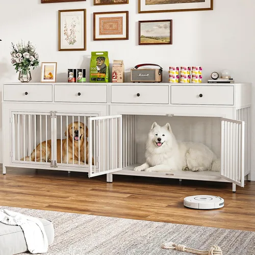 Vista 10 de LEMBERI Mueble de jaula para perros grande de 44 pulgadas, mesa auxiliar de madera para perros con cajones de almacenamiento, jaula decorativa