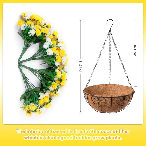 Vista 3 de Cesta de flores artificiales colgantes para decoración de primavera al aire libre, flores falsas de seda resistentes a los rayos UV, margaritas