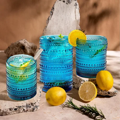 Vista 4 de Vasos altos vintage azules con reborde y pajitas, juego de 12 vasos de vidrio para cócteles, whisky, cerveza y jugo (15 onzas y 12 onzas)