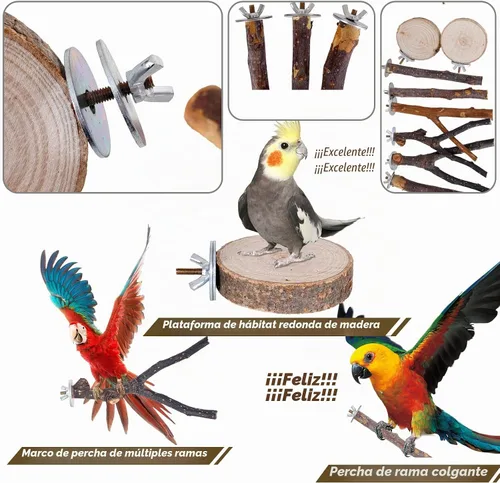 Vista 3 de 8 piezas de perca de pájaro de madera natural para loro, tenedor, juguetes colgantes de múltiples ramas, hamaca de juguete para guacamayos