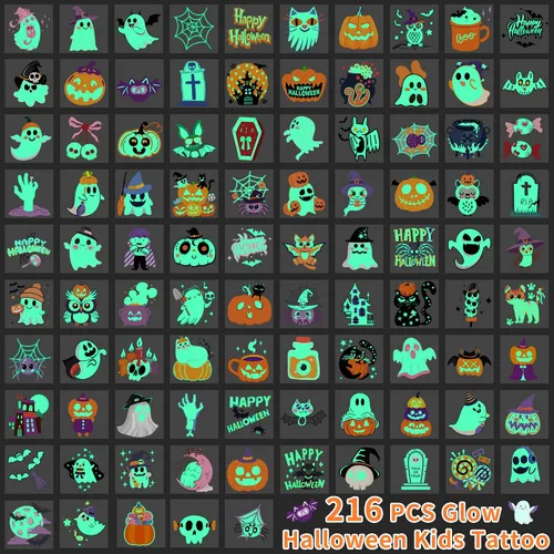 Vista 3 de 216 tatuajes de Halloween para niños, recuerdos de fiesta de Halloween, tatuajes temporales que brillan en la oscuridad para decoraciones de fiesta