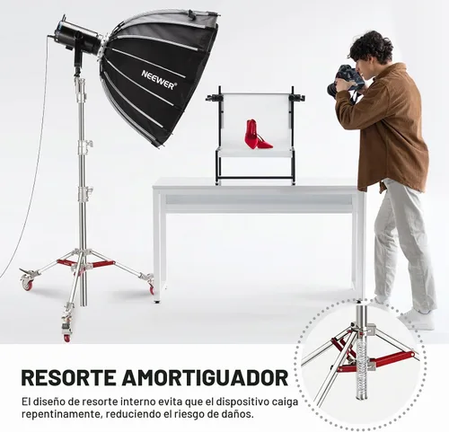 Vista 4 de NEEWER Soporte de Luz de Acero Inoxidable Resistente con Ruedas, Receptor Junior de 1-1/8", Espiga Baby con Resorte de 5/8", Carga Máxima 77lb
