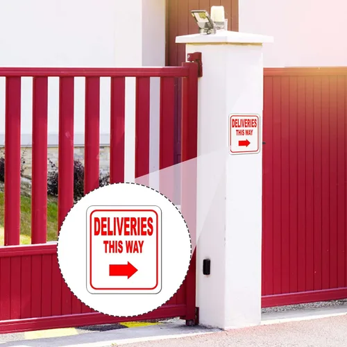 Vista 6 de Deliveries This Way con flecha derecha, letrero compuesto de aluminio, instrucciones de entrega para mis paquetes de Amazon, FedEx, USPS, UPS