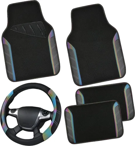 Vista 13 de CAR PASS Funda para volante de cuero y alfombrillas de coche impermeables, combo universal de microfibra para coche, diseño deportivo antideslizante