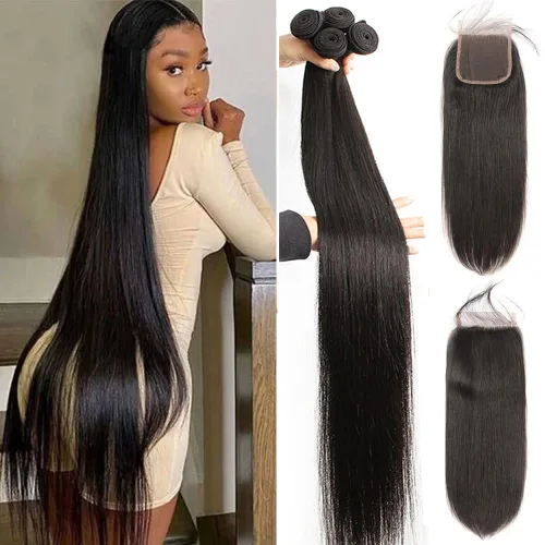 Vista 10 de YISEA Paquetes de cabello humano liso con cierre de encaje (12 14 16+10 cierre) Paquetes de cabello humano 3 con cierre de encaje 4x4 100%
