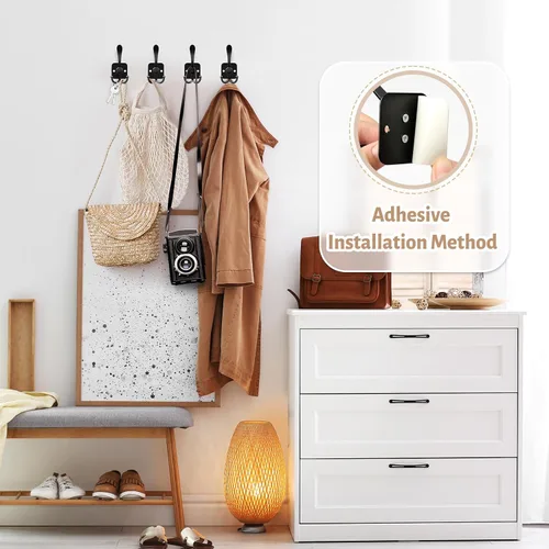 Vista 4 de VIS'V Ganchos para colgar abrigos de pared, ganchos de metal autoadhesivos de 3 puntas para puerta de entrada, 2 opciones de montaje, negro, 4