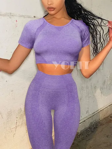 Vista 3 de YOFIT Women's Workout Outfit 2 Pieces Seamless High Waist Yoga Leggings with Long Sleeve Crop Top Gym Clothes Set