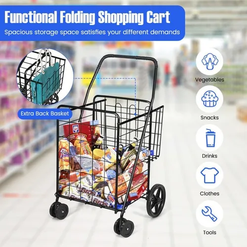 Vista 4 de Carrito de compras plegable, carrito utilitario resistente con ruedas giratorias y cesta doble, carrito de comestibles para comestibles, lavandería