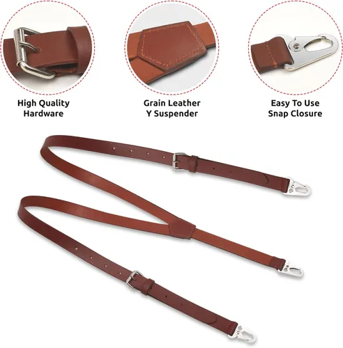 Vista 3 de Liguero de cuero genuino para hombre Tirantes de cuero con diseño en Y Regalos de padrinos de boda Liguero ajustable con ganchos Tirantes