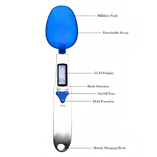 Vista 3 de Yoidesu - Báscula digital de cocina, cuchara medidora electrónica de gramos, 17.64 oz/0.00 oz, cuchara digital azul con 3 cucharas medidoras
