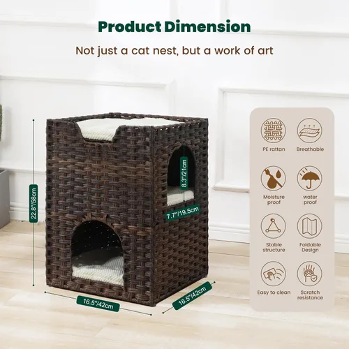 Vista 6 de Cama para gatos de interior, un elegante escondite para gatos y una casa para gatos, cama tipo cueva de ratán tejida a mano con cojín suave, cubos
