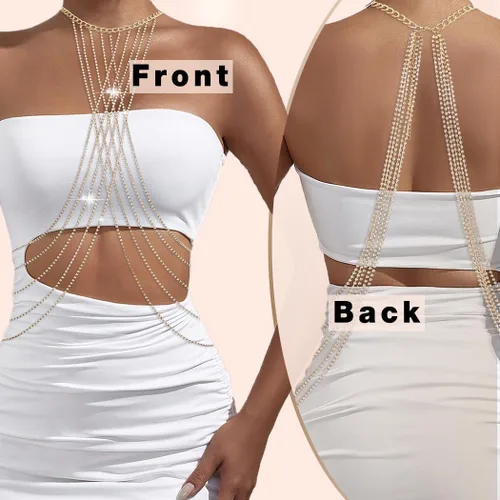 Vista 3 de Bounzhi Arnés de cadena corporal con diamantes de imitación, cruzado, sexy, joyería para el cuerpo, collar de cadena de bikini para mujeres y niñas