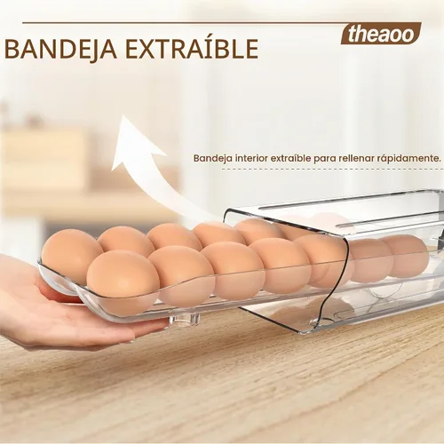 Vista 4 de theaoo Soporte para huevos para refrigerador, contenedor de huevos enrollable automático para refrigerador, dispensador de huevos de plástico