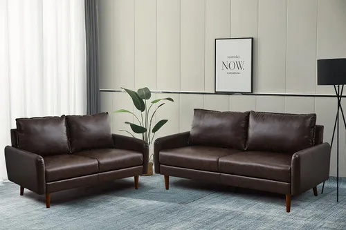 Vista 7 de INSTORY Sofá de dos plazas de cuero moderno Sofá cómodo con patas de madera para sala de estar, oficina - marrón