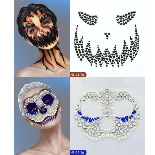Vista 4 de 4 juegos de joyas de cara de Halloween con purpurina y esqueleto de azúcar, gemas para festivales, cristales, tatuajes faciales, calcomanías, ojos